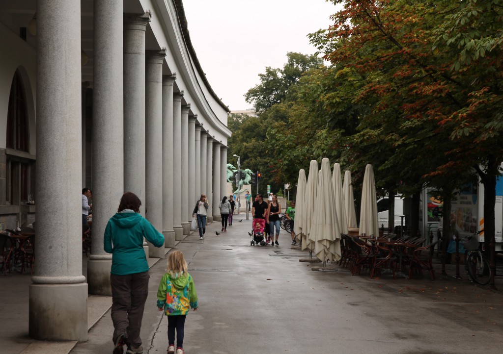 Walking past the Plečnik Colonnade.