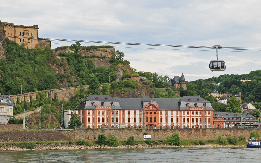 The Seilbahn (cable car) to fortress Ehrenbreitstein (top left) near Koblenz.