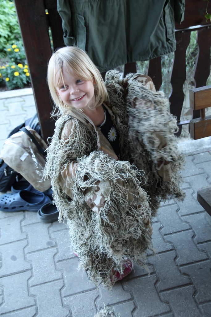 Febe testing the camouflage suit.